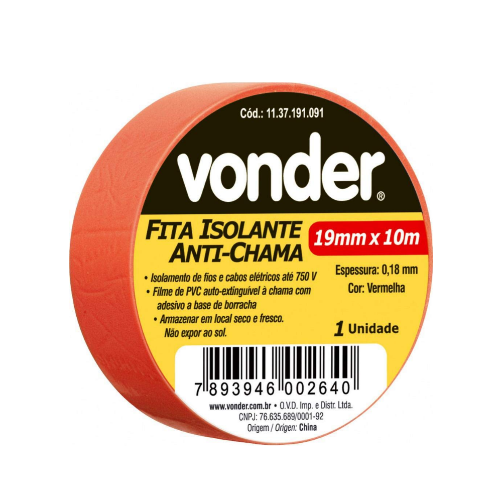FITA ISOLANTE VONDER 19MMX10M COLORIDA